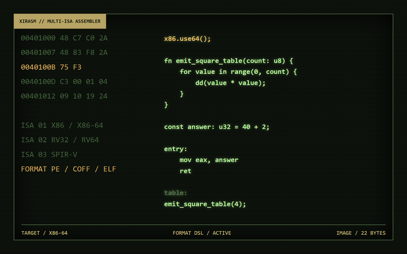 XIRASM source and assembled byte trace on a phosphor terminal